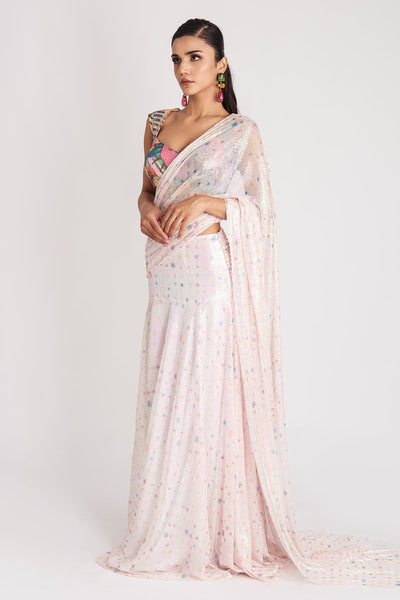 Crystalis - Ivory Sequin Tulle Saree Set-RTS