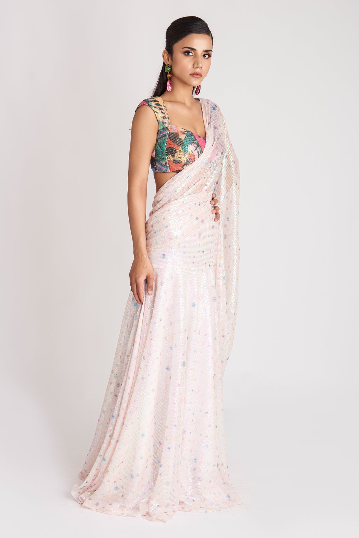 Crystalis - Ivory Sequin Tulle Saree Set-RTS