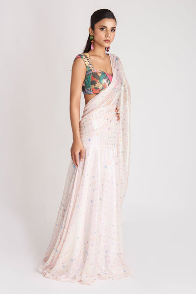 Crystalis - Ivory Sequin Tulle Saree Set-RTS