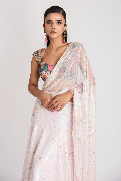 Crystalis - Ivory Sequin Tulle Saree Set-RTS