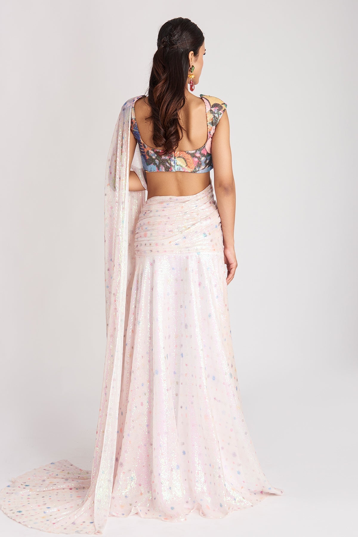 Crystalis - Ivory Sequin Tulle Saree Set-RTS