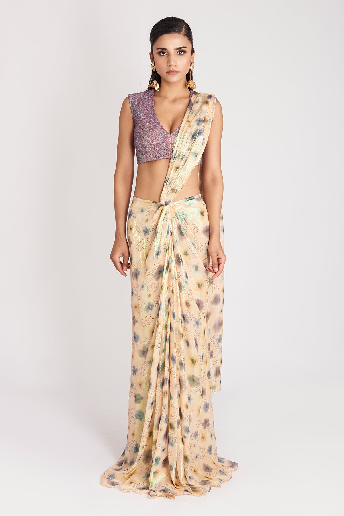 Front view of Kinfolk warm ivory lurex pre-draped saree