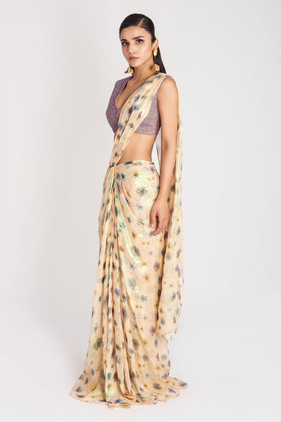Kinfolk Warm Ivory Printed Lurex Pre- Drapped Saree with Texture Princess Cut Blouse-RTS
