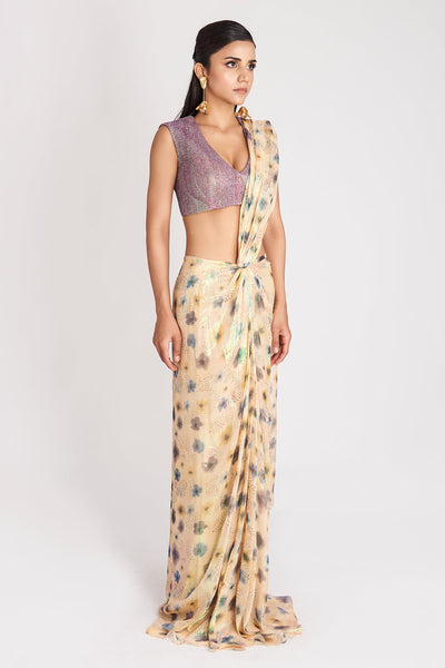 Kinfolk Warm Ivory Printed Lurex Pre- Drapped Saree with Texture Princess Cut Blouse-RTS