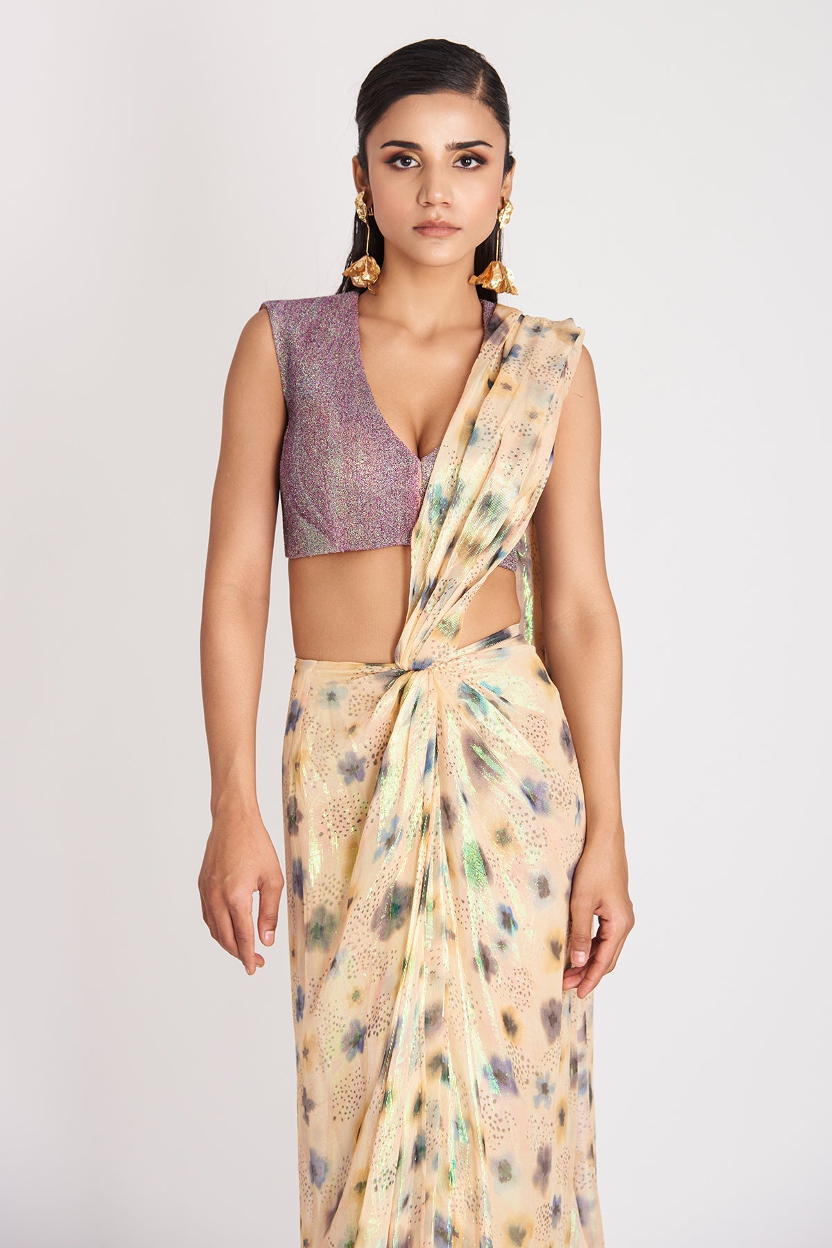 Kinfolk Warm Ivory Printed Lurex Pre- Drapped Saree with Texture Princess Cut Blouse-RTS