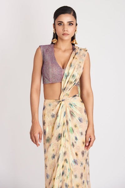 Kinfolk Warm Ivory Printed Lurex Pre- Drapped Saree with Texture Princess Cut Blouse-RTS