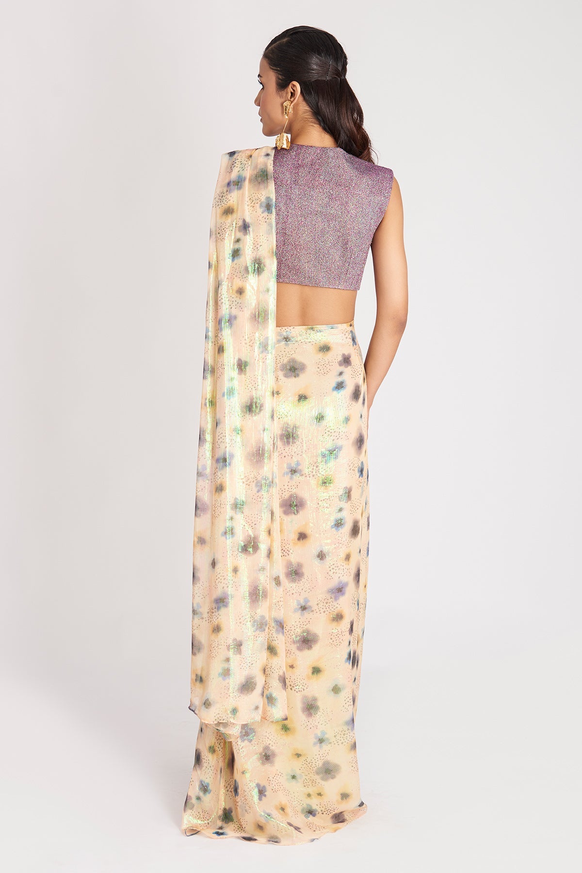Kinfolk Warm Ivory Printed Lurex Pre- Drapped Saree with Texture Princess Cut Blouse-RTS