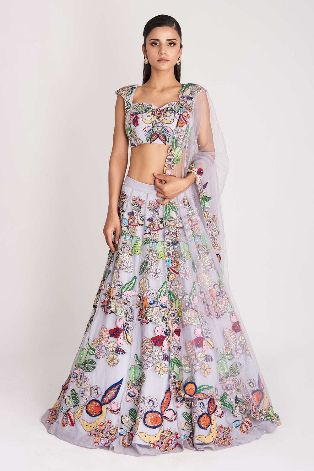 Kinfolk Spectrum Blue Printed Applique Embellished Organza Lehenga, Blouse and  Tulle Dupatta-RTS