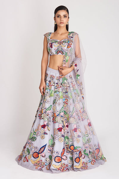 Kinfolk Powder Blue Applique Embellished Tulle  Lehenga, Blouse & Dupatta-RTS