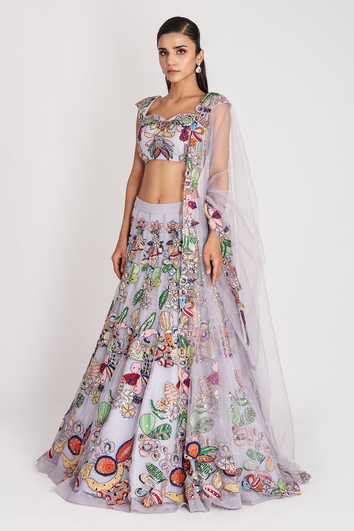 Kinfolk Powder Blue Applique Embellished Tulle  Lehenga, Blouse & Dupatta-RTS