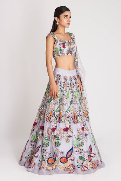 Kinfolk Powder Blue Applique Embellished Tulle  Lehenga, Blouse & Dupatta-RTS