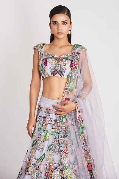 Kinfolk Powder Blue Applique Embellished Tulle  Lehenga, Blouse & Dupatta-RTS