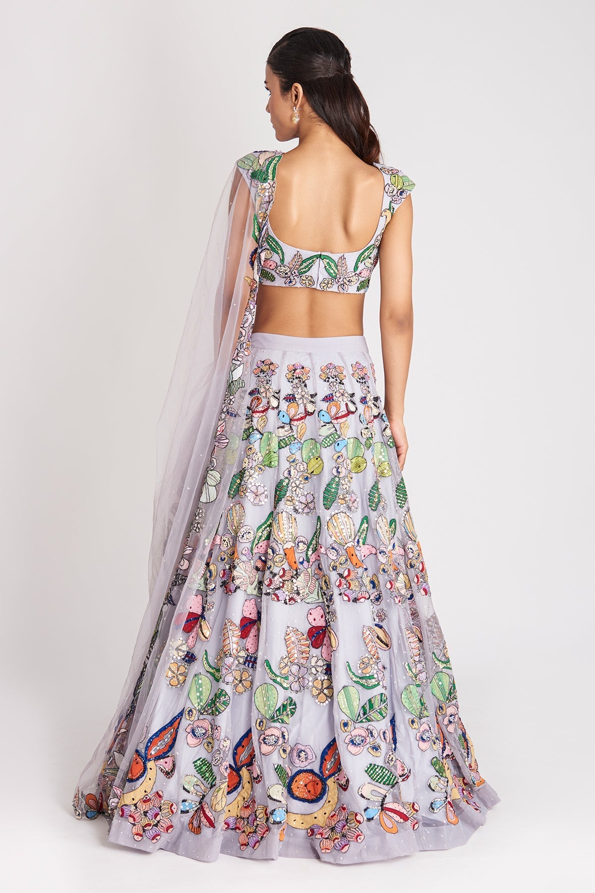 Kinfolk Powder Blue Applique Embellished Tulle  Lehenga, Blouse & Dupatta-RTS