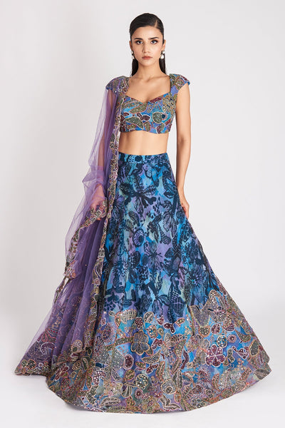 Kinfolk Spectrum Blue Printed Applique Embellished Organza Lehenga, Blouse and  Tulle Dupatta-RTS