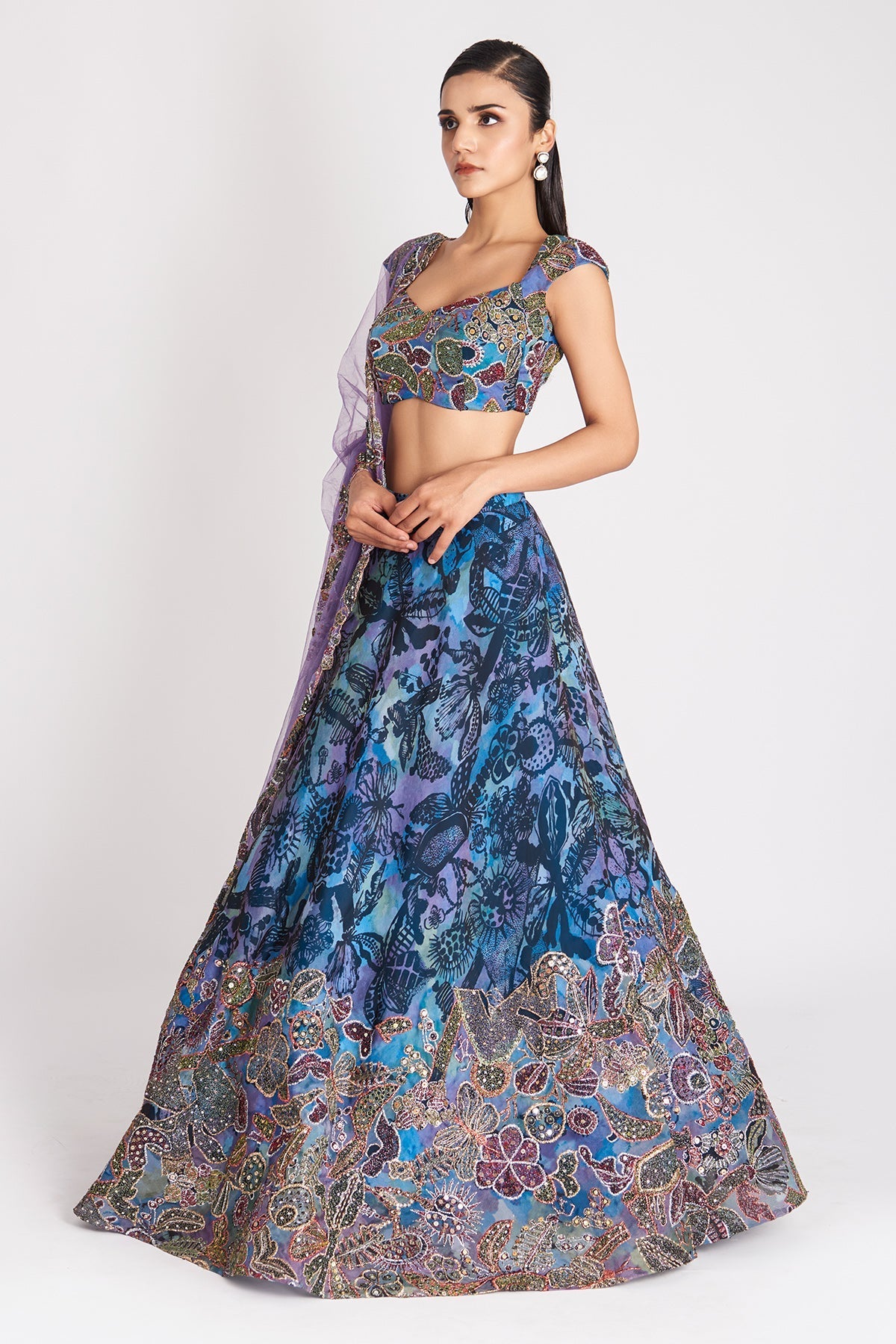 Kinfolk Spectrum Blue Printed Applique Embellished Organza Lehenga, Blouse and  Tulle Dupatta-RTS