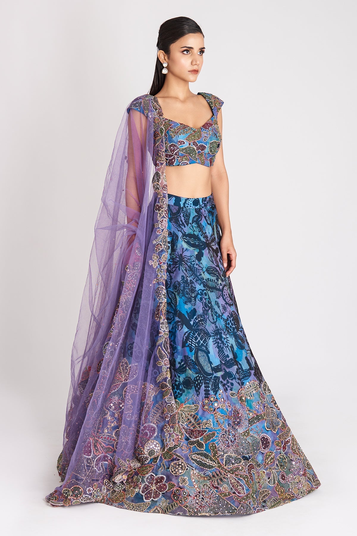 Kinfolk Spectrum Blue Printed Applique Embellished Organza Lehenga, Blouse and  Tulle Dupatta-RTS