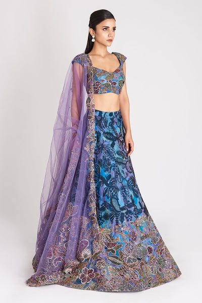 Kinfolk Spectrum Blue Printed Applique Embellished Organza Lehenga, Blouse and  Tulle Dupatta-RTS