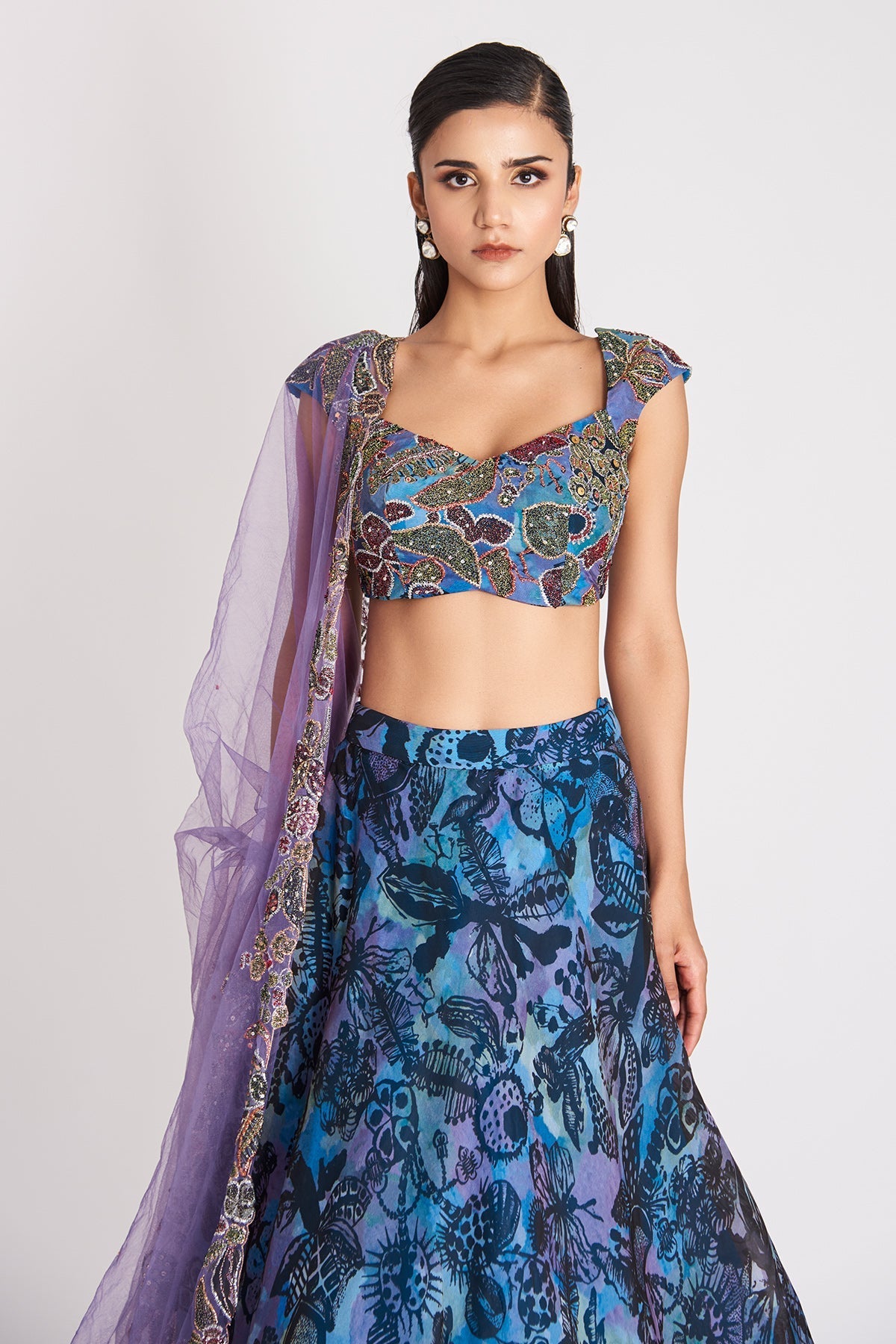 Kinfolk Spectrum Blue Printed Applique Embellished Organza Lehenga, Blouse and  Tulle Dupatta-RTS