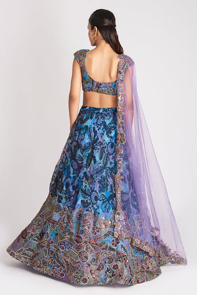 Kinfolk Spectrum Blue Printed Applique Embellished Organza Lehenga, Blouse and  Tulle Dupatta-RTS