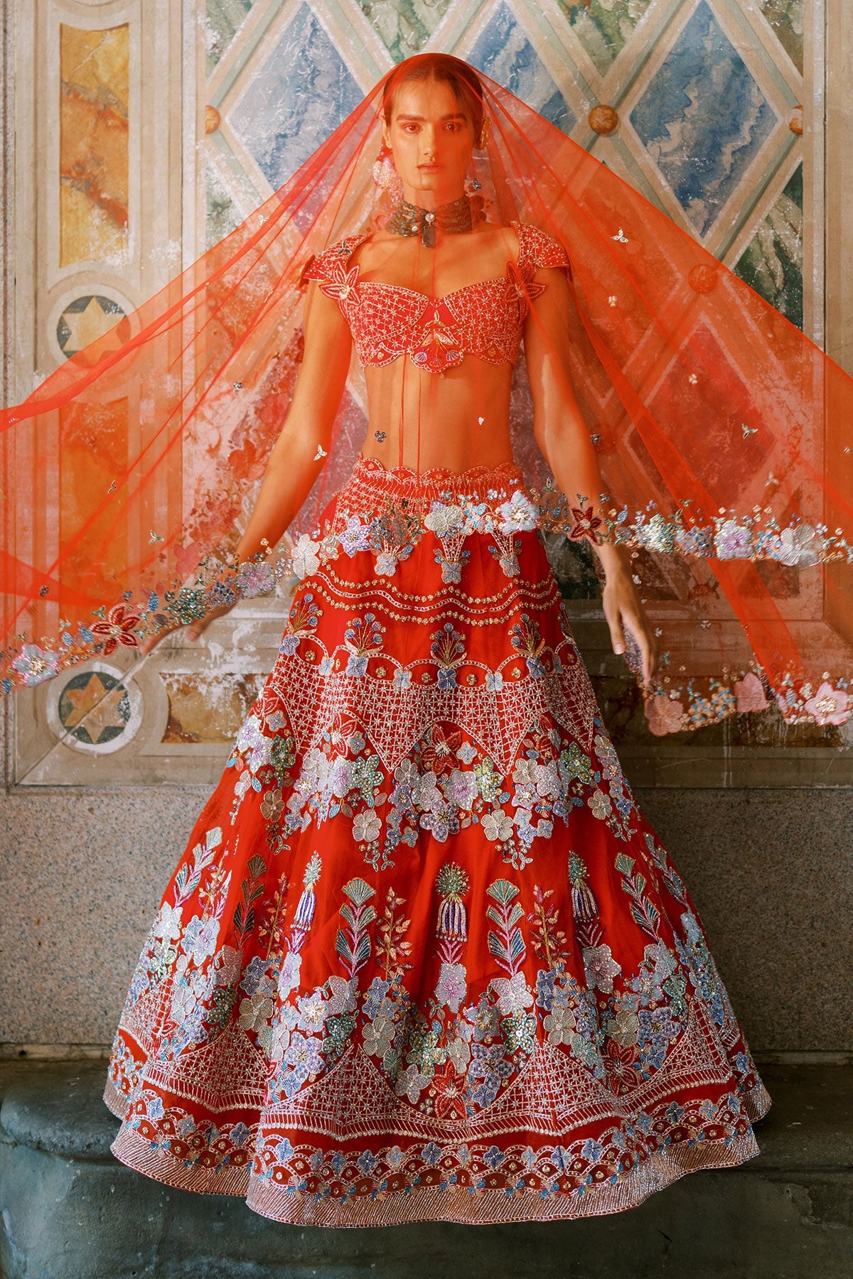 Bryelle Rosso corsa red Tulle net Lehenga set-RTS