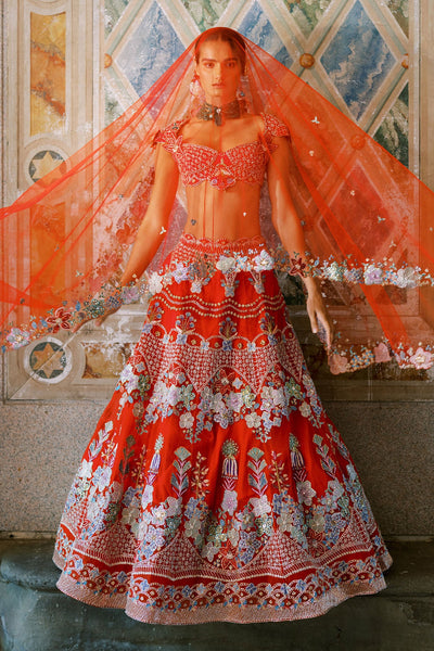 Bryelle Rosso corsa red Tulle net Lehenga set-RTS