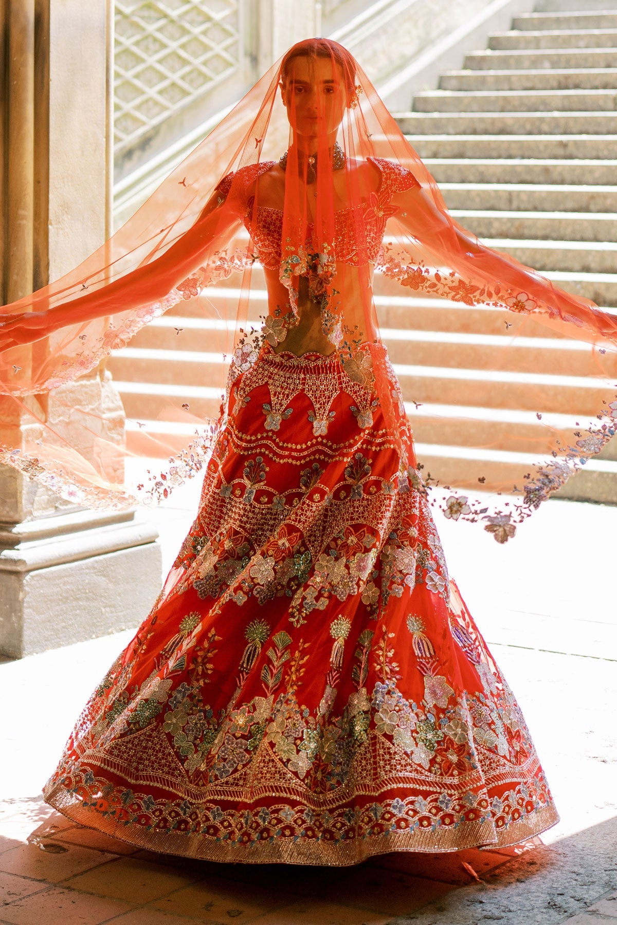 Bryelle Rosso corsa red Tulle net Lehenga set-RTS