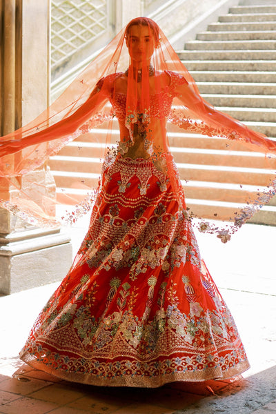 Bryelle Rosso corsa red Tulle net Lehenga set-RTS