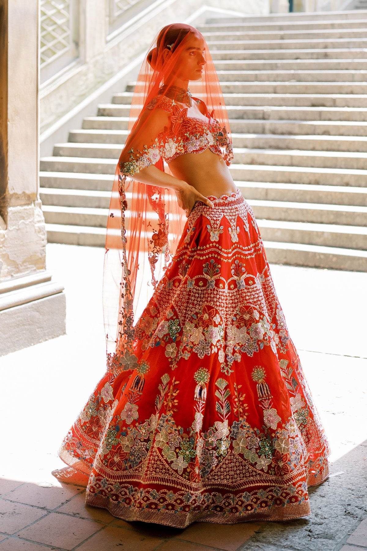 Bryelle Rosso corsa red Tulle net Lehenga set-RTS