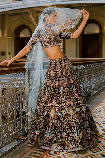 Crimelle Brown Raw silk Lehenga set-RTS