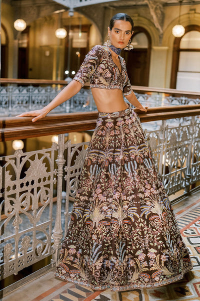 Woman wearing Aisha Rao brown applique embellished raw silk lehenga