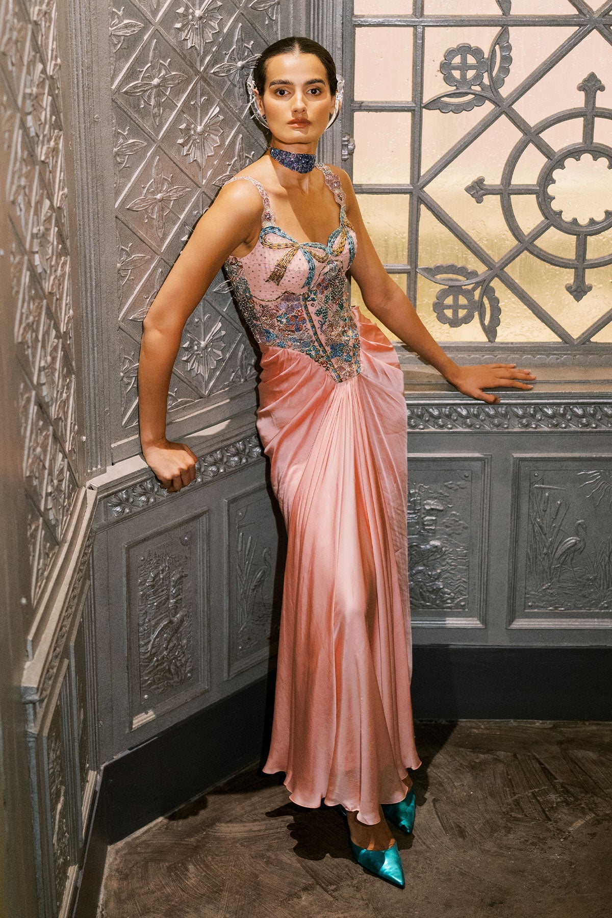 Woman wearing Aisha Rao Matilda Cherry Blossom Applique Embellished Silky Satin