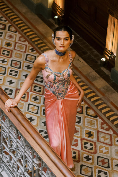 Close-up of cherry blossom satin lehenga blouse embroidery