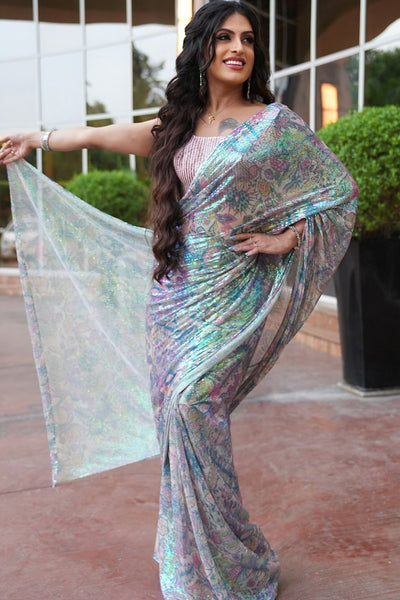 Woman wearing Kinfolk multicolour sequin pre-draped saree