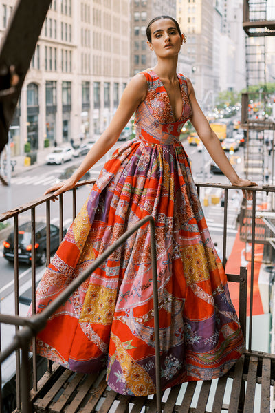 Woman wearing Aisha Rao Matilda Red Printed Embellished Organza Ruched Waist V