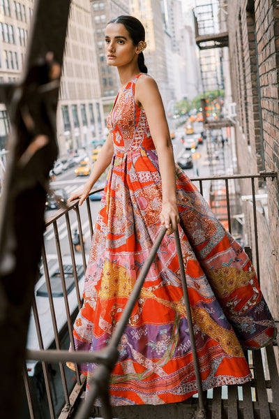 Close-up of left waist ruching and print, Aisha Rao lehenga
