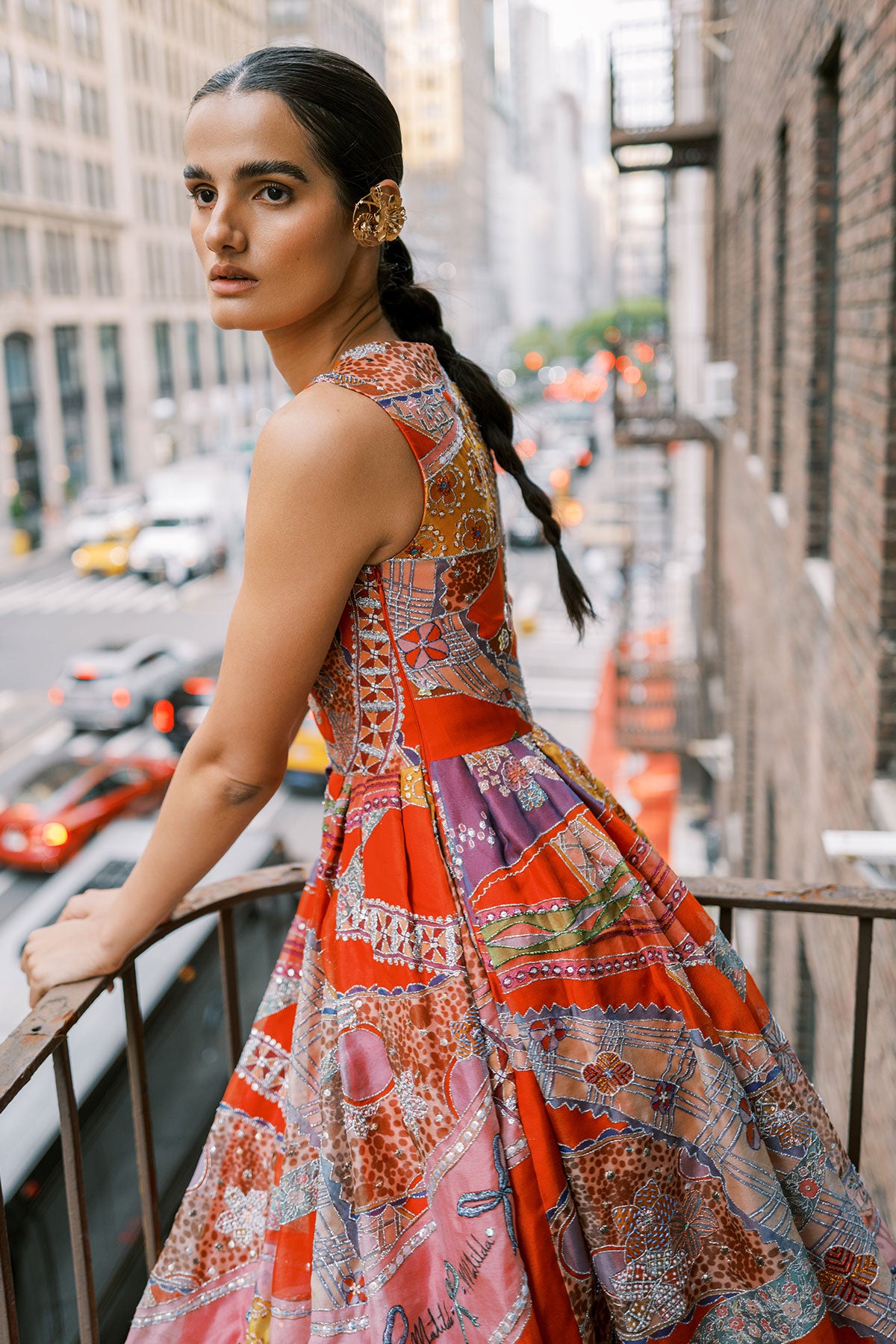 Close-up of ruched waist and print, Aisha Rao red lehenga