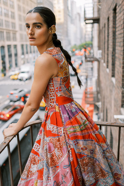 Close-up of ruched waist and print, Aisha Rao red lehenga
