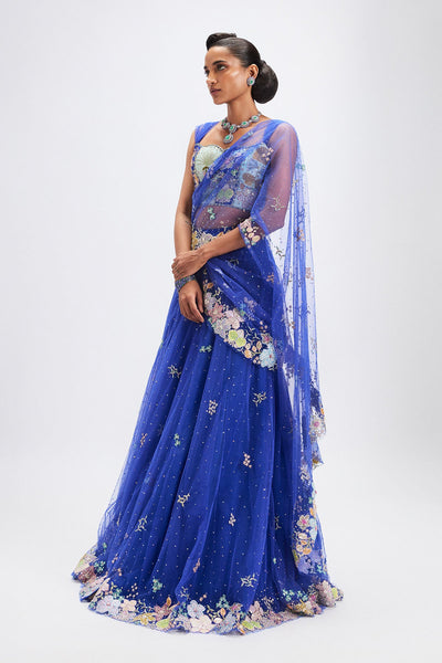 Azalée - Persian Blue Tulle Net Saree Lehenga Set-RTS