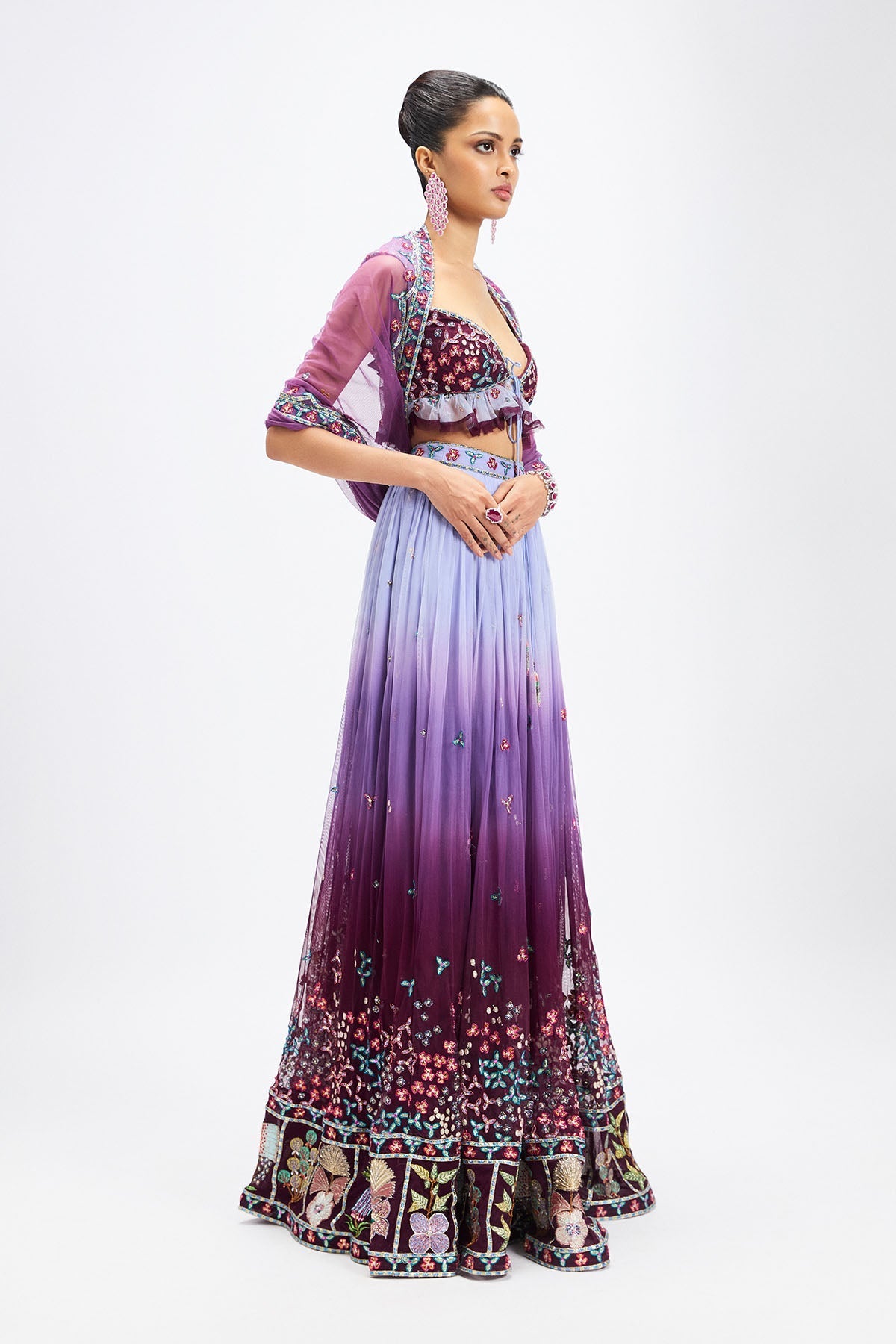 Amétrine - Plum- Dusk Blue Tulle Net Lehenga Set-RTS