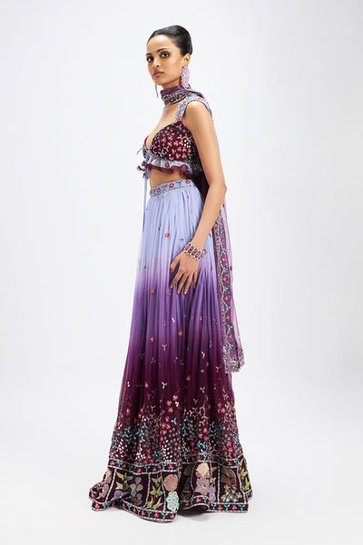 Amétrine - Plum- Dusk Blue Tulle Net Lehenga Set-RTS