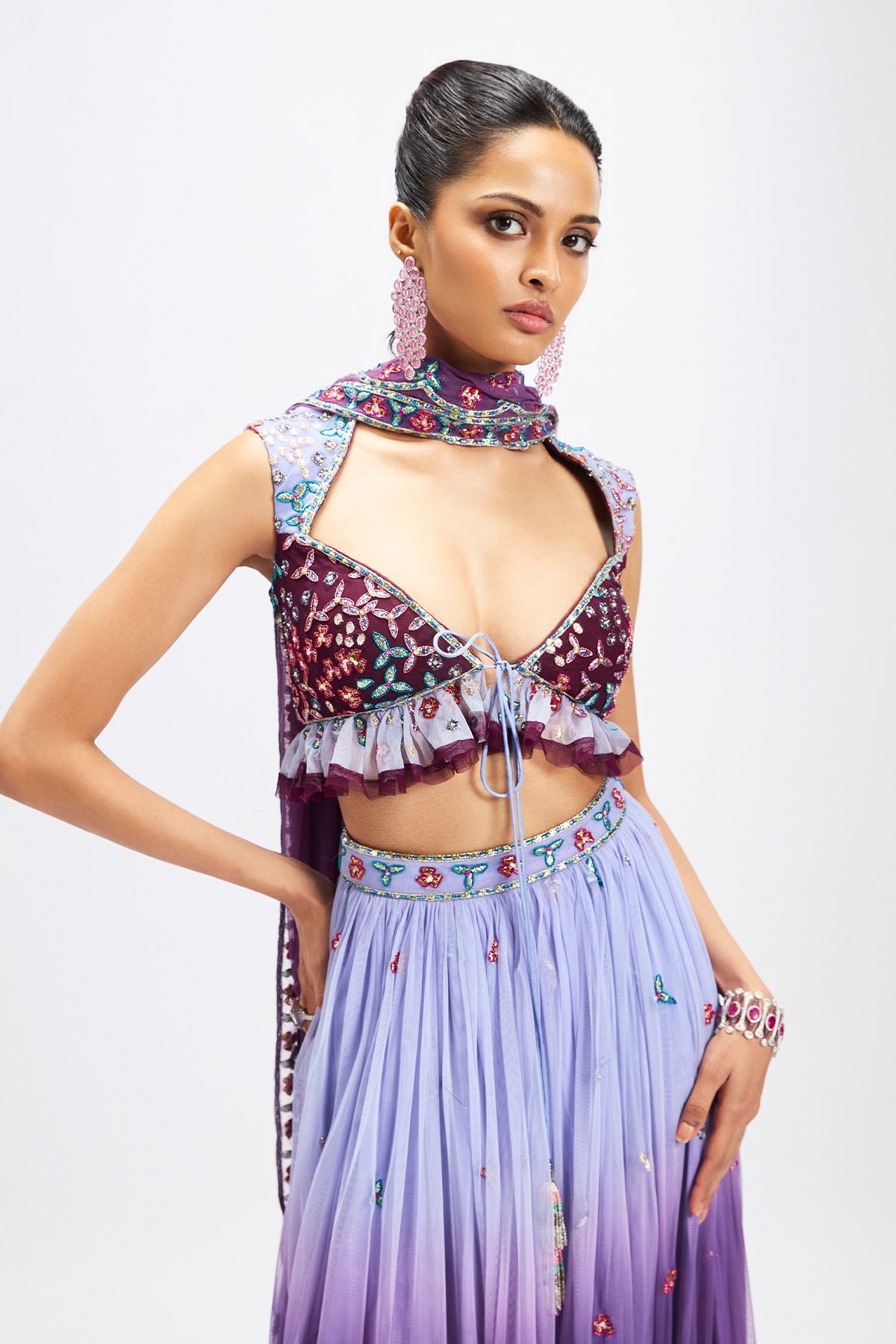 Amétrine - Plum- Dusk Blue Tulle Net Lehenga Set-RTS