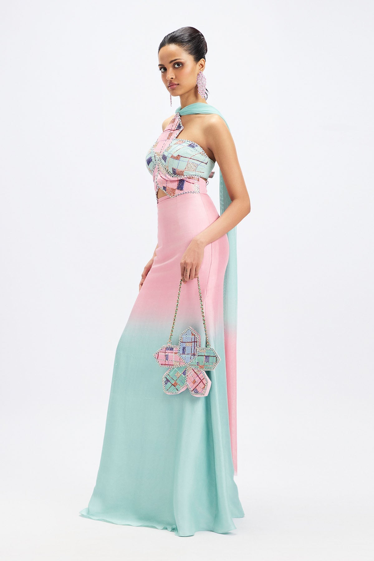 Geranium - Pink Aqua Ombre Dupion Silk Gown-RTS