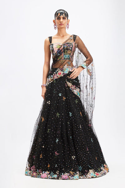 Woman wearing Aisha Rao black stitched saree lehenga and blouse