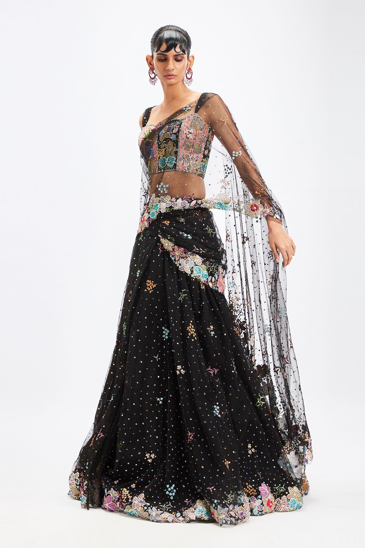 Delphinia - Black Tulle Net Saree Set-RTS