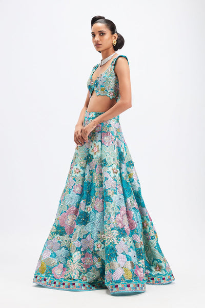 Sharvari In Cyanora - Cyan Blue Tulle Net Big Flower Lehenga Set-RTS
