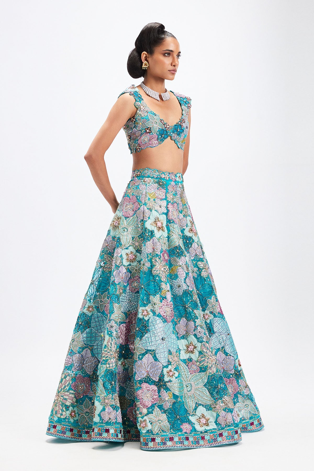 Sharvari In Cyanora - Cyan Blue Tulle Net Big Flower Lehenga Set-RTS