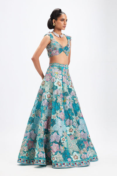 Sharvari In Cyanora - Cyan Blue Tulle Net Big Flower Lehenga Set-RTS