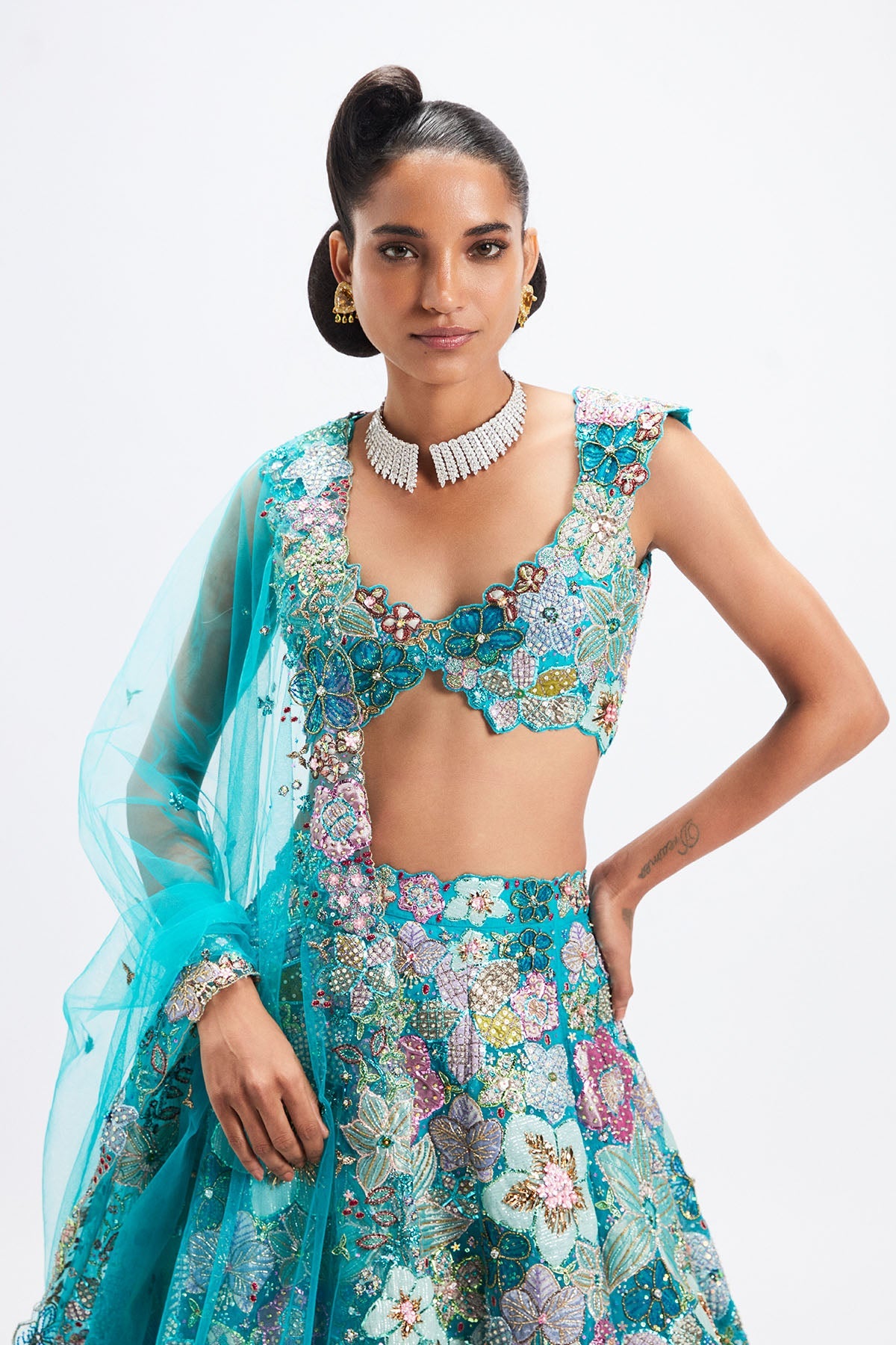 Sharvari In Cyanora - Cyan Blue Tulle Net Big Flower Lehenga Set-RTS