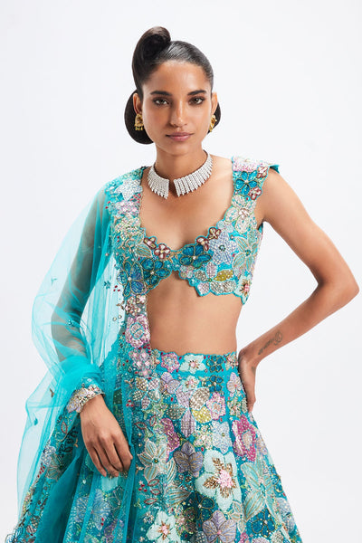 Sharvari In Cyanora - Cyan Blue Tulle Net Big Flower Lehenga Set-RTS