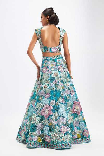 Sharvari In Cyanora - Cyan Blue Tulle Net Big Flower Lehenga Set-RTS